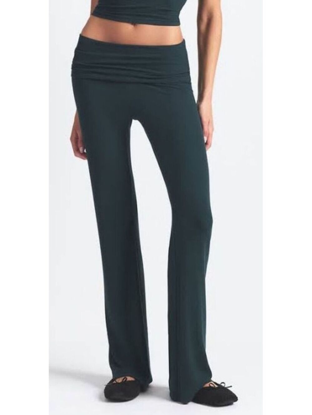 (LARGE, W16-19, INSEAM 32) NWT SKIMS SOFT LOUNGE RIBBED FOLD-OVER PANT CYPRESS